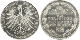 FRANKFURT AM MAIN: Free City, AR 2 gulden, 1855, KM-353, 300th Anniversary of Religious Peace, ICG graded MS62.
Estimate: $150 - $180