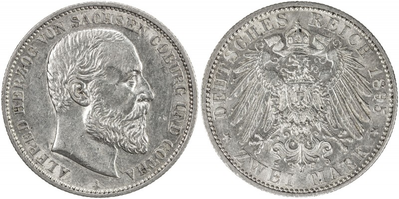SAXE-COBURG-GOTHA: Alfred, 1893-1900, AR 2 mark, 1895-A, KM-158, Jaeger-145, som...