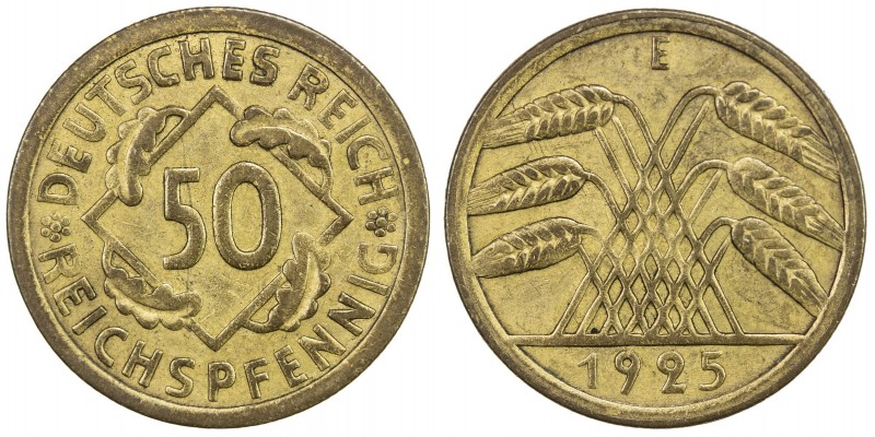 GERMANY: Weimar Republic, 50 reichspfennig, 1925-E, KM-41, Jaeger-318, rare type...