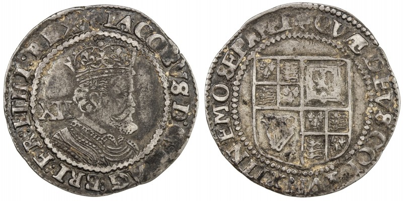 ENGLAND: James I, 1603-1625, AR shilling (6.09g), ND (1624), Spink-2668, trefoil...