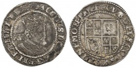 ENGLAND: James I, 1603-1625, AR shilling (6.09g), ND (1624), Spink-2668, trefoil mintmark, a couple of small obverse scratches, nice portrait, VF.
Es...