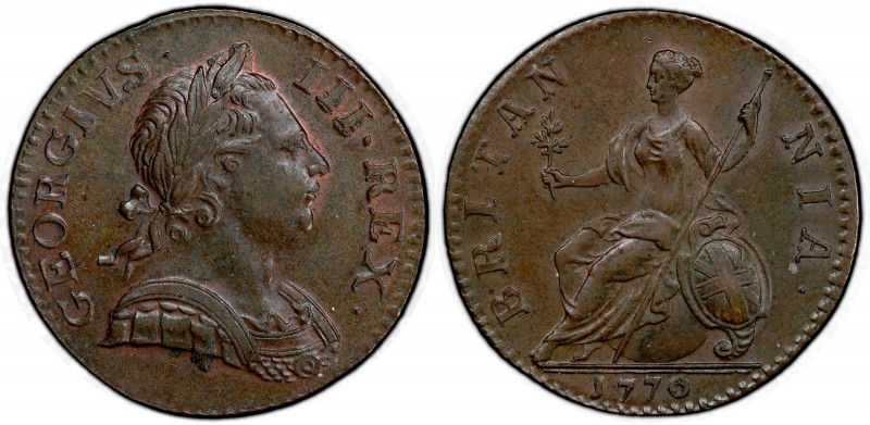GREAT BRITAIN: George III, 1760-1820, AE halfpenny, 1770, KM-601, S-3774, much o...
