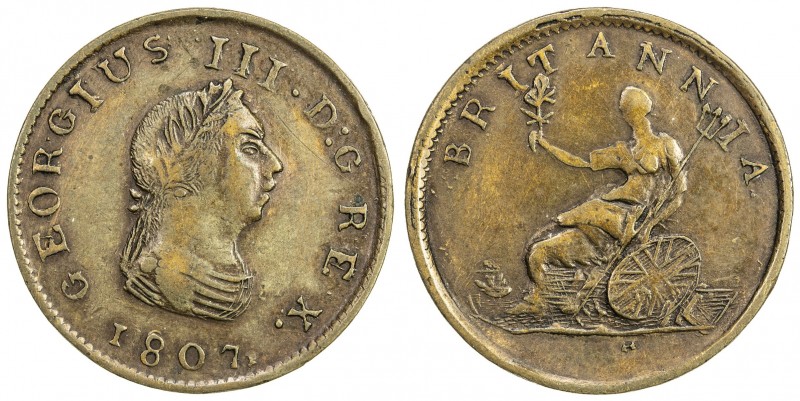 GREAT BRITAIN: George III, 1760-1820, AE imitation halfpenny (7.78g), 1807, Cole...