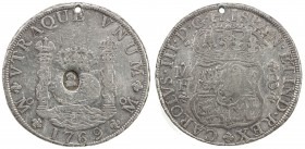 GREAT BRITAIN: George III, 1760-1820, AR dollar, ND (1797), KM-631, oval George III countermark on 1769-MoMF Pillar 8 reales (KM-105), small hole at 1...