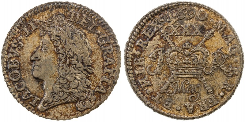 IRELAND: James II, 1685-1691, AE halfcrown, 1690 May, KM-95, Spink-6580CCC, Timm...