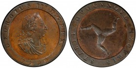 ISLE OF MAN: George III, 1760-1820, AE halfpenny, 1798, KM-10, glossy surfaces with bits of red in the protected areas, one-year type, PCGS graded MS6...