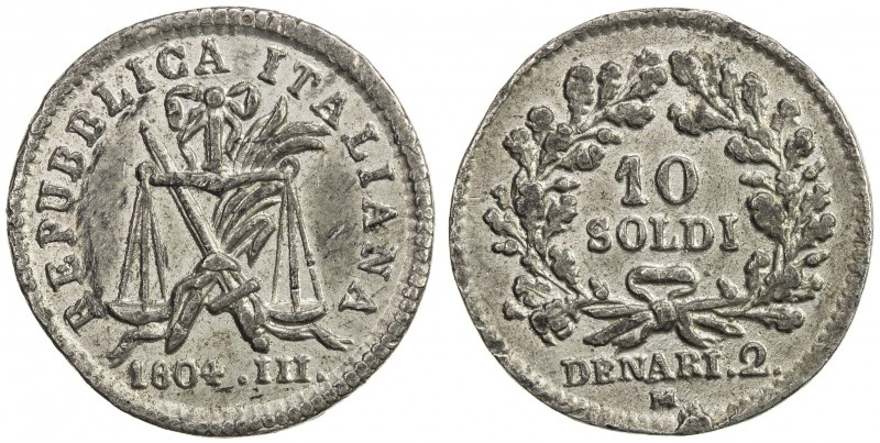 ITALIAN REPUBLIC: Napoleonic Republic, 1802-1805, 10 soldi pattern (2.10g), 1804...