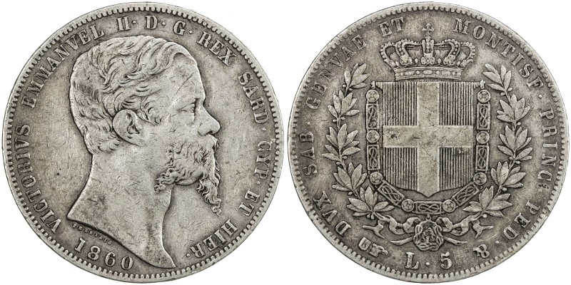SARDINIA: Vittorio Emanuele II, 1849-1861, AR 5 lire, Torino, 1860, KM-144.1, Cr...