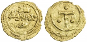 SICILY: Roger I, 1072-1101, AV tari (0.93g) (Messina), ND, Spahr-9, Arabic texts only, both sides: Muslim kalima in the center // 3 pellets around the...
