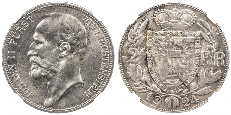 LIECHTENSTEIN: Prince Johann II, 1858-1929, AR 2 franken, 1924, Y-9, wonderful l...