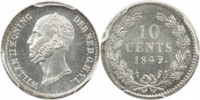 NETHERLANDS: Willem II, 1840-1849, AR 10 cents, 1849, KM-75, dot after date, superb luster on a mirror-like surface, a miniature work of art, only 3 e...