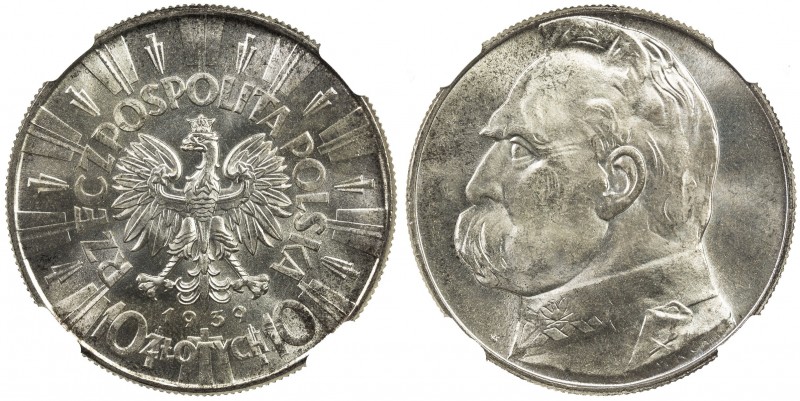 POLAND: Republic, AR 10 zlotych, 1939, Y-29, blast white with pristine surfaces,...