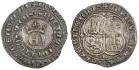 SPAIN: Enrique II, 1369-1379, AR real de 3 maravedis (3.37g), Burgos, ND, CC-1306, crowned monogram with DOMINVS MICHI ADIVTOR ET EGO DI PISCIAN INIMI...