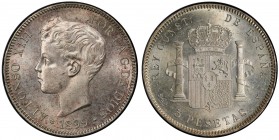 SPAIN: Alfonso XIII, 1886-1931, AR 5 pesetas, 1899, KM-707, a lovely example! PCGS graded MS63.
Estimate: $100 - $150