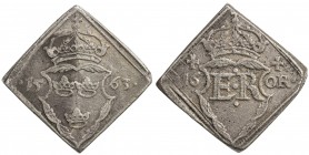 SWEDEN: Erik XIV, 1560-1568, AR 16 öre klippe (23.34g), 1563, SM-44a, H-23, 25x25mm unmounted klippe, crowned arms with flanking date "15-63." // crow...