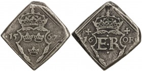 SWEDEN: Erik XIV, 1560-1568, AR 16 öre klippe (23.18g), 1567, SM-48, 25x25mm unmounted klippe, crowned arms with flanking date "15-67." // crowned shi...