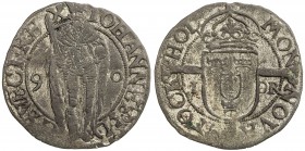 SWEDEN: Johan III, 1568-1592, AR öre (2.59g), [15]90, SM-75, Hob.-43, 25mm issue from Stockholm Mint, king standing facing holding sword and orb with ...