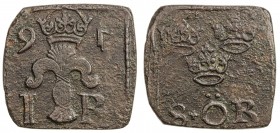 SWEDEN: Johan III, 1568-1592, AE 8 öre klippe (6.34g), [15]91, SM-137, Hob-56, 23x21mm klippe emergency issue from Stockholm Mint, crowned wheat sheaf...