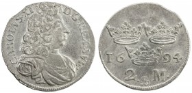 SWEDEN: Carl XI, 1660-1697, AR 2 mark, 1694, KM-282.1, small clip at 10:30, somewhat ragged edge, quite lustrous, Choice EF.
Estimate: $200 - $250