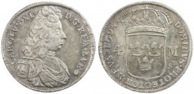 SWEDEN: Karl XI, 1660-1697, AR 4 mark, 1694, KM-296, SM-85, no trace of overdate, nice light tone, EF-AU, ex Dr. John Lund Collection. 
Estimate: $30...