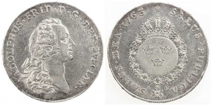 SWEDEN: Adolf Frederik, 1751-1771, AR riksdaler, 1763, KM-464.2, SM-52, initials...