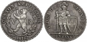 APPENZELL: Ausser Rhoden, AR 4 franken, 1816, KM-12, HMZ-2-28b, pleasing appearance with no problems, one-year type, mintage of only 1,850 pieces, Cho...