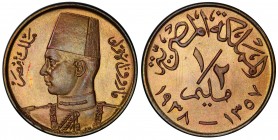 EGYPT: Farouk, 1936-1952, AE ½ millieme, AH1357/1938, KM-357, beautiful even color, a lovely example! PCGS graded Specimen 66RB, ex King 's Norton Min...