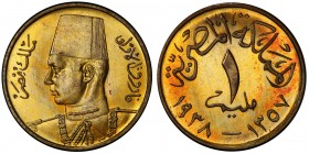 EGYPT: Farouk, 1936-1952, AE millieme, AH1357/1938, KM-358, with a nice orange coloration, a lovely example! PCGS graded Specimen 65RB, ex King 's Nor...