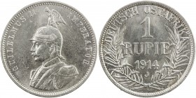 GERMAN EAST AFRICA: Wilhelm II, 1888-1918, AR rupie, 1914-J, KM-10, a few hairlines, but very clean fields, Unc.
Estimate: $180 - $260