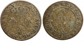 ISLES DE FRANCE ET DE BOURBON: French Colony, BI 3 sous, 1781-A, KM-2, Vlack-399, Ciani-2212, apparently overstruck on France 1738-64 2 sols (KM-500),...