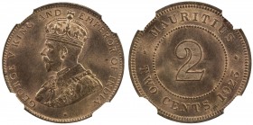 MAURITIUS: George V, 1910-1936, AE 2 cents, 1923, KM-13, shimmering red luster, very scarce with full red color, one of only two coins with this desig...