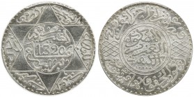 MOROCCO: 'Abd al- 'Aziz, 1894-1908, 5 dirhams, Paris, AH1320, Y-21.1, Lec-171, a superb mint state example! PCGS graded MS65.
Estimate: $150 - $250