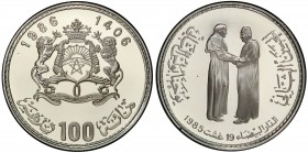 MOROCCO: Hassan II, 1961-1999, AR 100 dirhams, 1986/AH1406, Y-80, Visit of Pope John Paul II; the Pope shaking hands with a local cleric, low mintage ...