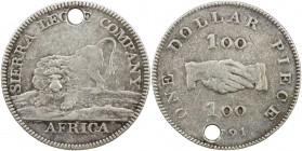 SIERRA LEONE: British Colony, AR dollar, 1791, KM-6, Sierra Leone Company issue, holed at 12:00 for suspension, a couple light reverse scratches, clas...