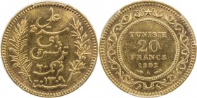 TUNISIA: Ali III Bey, 1882-1902, AV 20 francs, 1892/AH1309, KM-227, Lec-444, a lovely example! PCGS graded MS64.
Estimate: $350 - $450