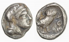 ATHENS: 454-404 BC, AR obol (0.67g), ca. 430 's BC, Kroll-13, Svoronos pl. 10-46, helmeted head of Athena right // owl standing right, head facing, ol...