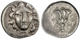 RHODES: AR drachm (2.26g), 205-188 BC, SNG Keck-589 var, pseudo-Rhodian issue, struck in Caria or Lycia, magistrate Mousaios, head of Helios facing sl...