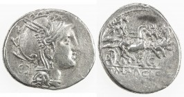 ROMAN REPUBLIC: AR denarius (3.95g), Rome, 111-110 BC, Craw-299/1b, Syd-570b, helmeted head of Roma right, quadrangular control mark behind // Victory...