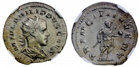 ROMAN EMPIRE: Philip II, as Caesar, 247-249 AD, AR antoninianus (4.26g), RIC-216c, M IVL PHILIPPVS CAES, radiate, draped and cuirassed bust right // P...