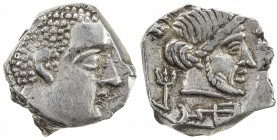 QATABAN: Unknown ruler, 2nd/1st century BC, AR hemidrachm (1.87g), Huth-363/367, male head with curly hair // bearded male head, monogram ThNR below, ...