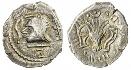 SABAEAN: Bycranium series, ca. 2nd-3rd century, AR denarius (2.55g), Huth-306, long-haired male bust left between symbol & Almaqah, retrograde letter ...