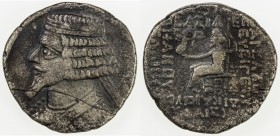 PARTHIAN KINGDOM: Phraates IV, 38-2 BC, AR tetradrachm (10.36g), ND, Sell-7467, diademed bust with beard left // king enthroned at right, being presen...