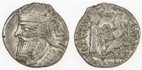 PARTHIAN KINGDOM: Vologases IV, 147-191 AD, AR tetradrachm (13.53g), Shore-427ff, King 's bust left // Tyche presents diadem to seated king upon thron...