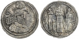 SASANIAN KINGDOM: Hormizd II, 303-309, AR drachm (3.38g), G-83, head in flames, pellet below the base, 3 pellets in the top of the base, couple tiny n...