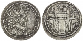 SASANIAN KINGDOM: Shapur II, 309-379, AR drachm (3.65g), G-105, standard type, attendants holding short spears, taurine left and fravahr right of the ...