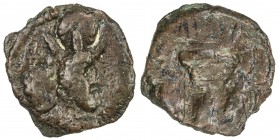 SASANIAN KINGDOM: Shapur II, 309-379, AE pashiz (1.72g), G-type Ib/5, Sell-—, cf. SNS-301, standard obverse // fire altar & two attendants, looking aw...