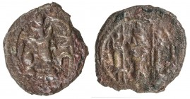 SASANIAN KINGDOM: Yazdigerd II, 438-457, AE pashiz (1.37g), G-166, SNS—, king 's bust right, Pahlavi AY right // fire altar & two attendants; the AY m...