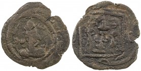 SASANIAN KINGDOM: Khusro I, 531-579, AE pashiz (0.87g), G-—, standard type, but on the reverse, the fire altar & attendants are within a square, blund...