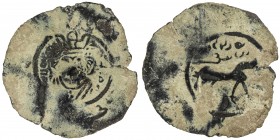 ARAB-SASANIAN: al-Hajjaj b. Yusuf, 694-713, AE pashiz (0.61g), NM, ND, A-C37, Gyselen-62, facing Sasanian-style bust, crowned, name of al-Hajaj b. Yus...