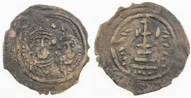 ARAB-SASANIAN: Anonymous, ca. 695-720, AE pashiz (0.80g), NM, ND, A-43B, Gyselen-81, two facing Byzantine busts // cross above 3 steps, without mint n...